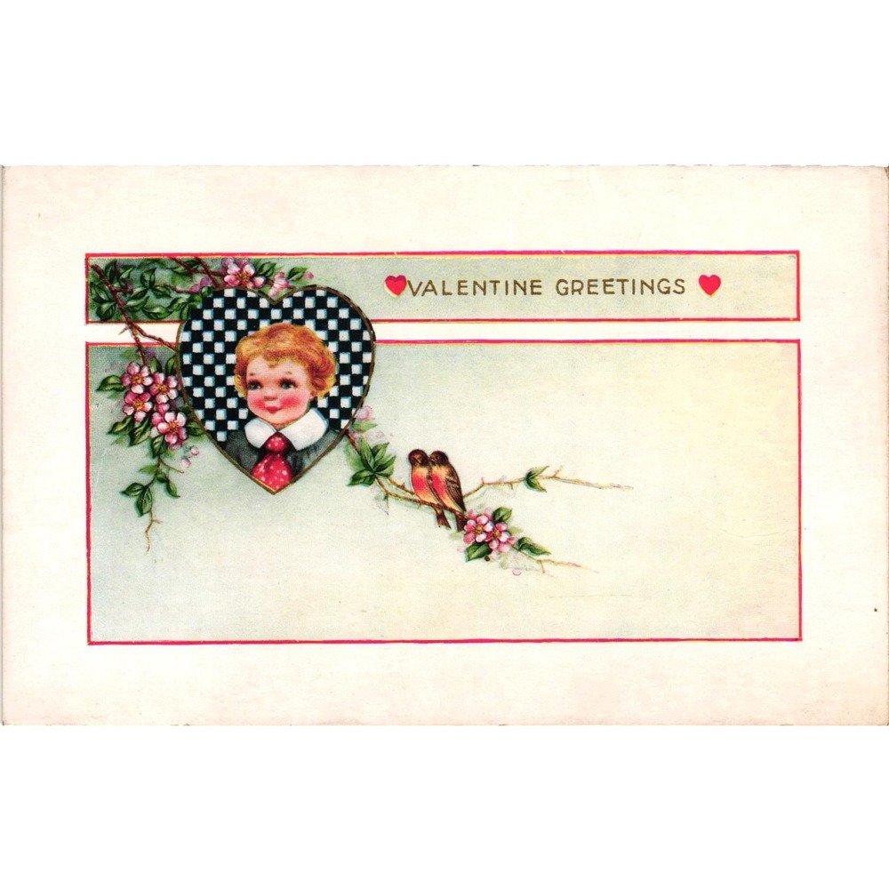 Vintage Whitney Made Valentine Greetings Postcard Child Birds Flowers